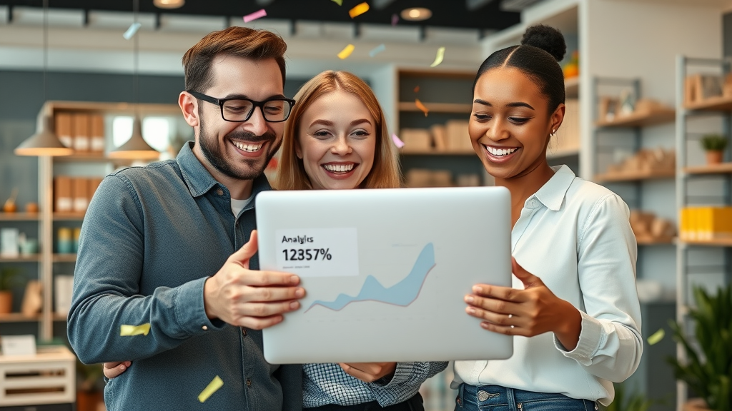 successful small business owners celebrating personalized email campaign results by viewing positive analytics on a laptop, with animated confetti in a modern small retail background