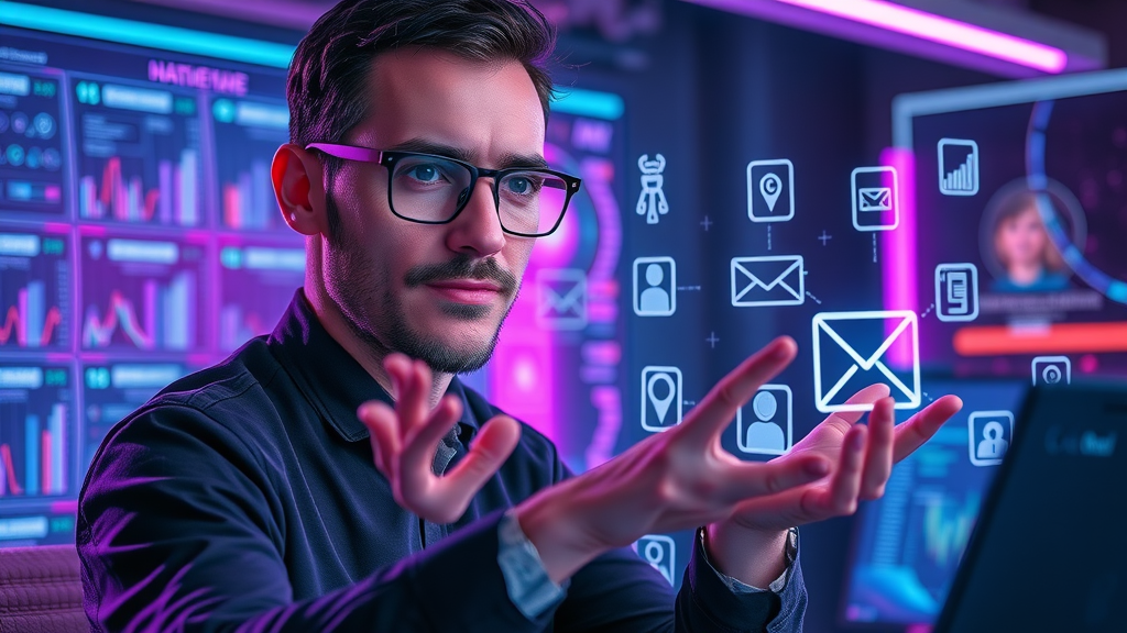 futuristic AI interfaces optimizing personalized email campaigns, digital marketer interacting with holographic AI assistant in a neon-lit workspace