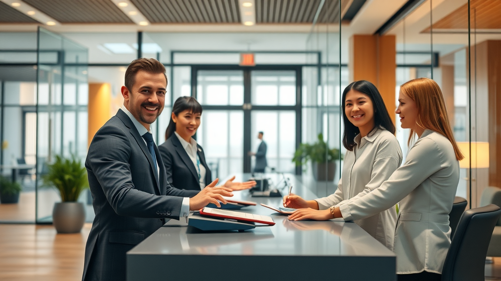 Modern business reception area with AI-powered receptionist, welcoming front desk, glass entrance, stylish office, natural daylight, people interacting with technology, ai receptionist