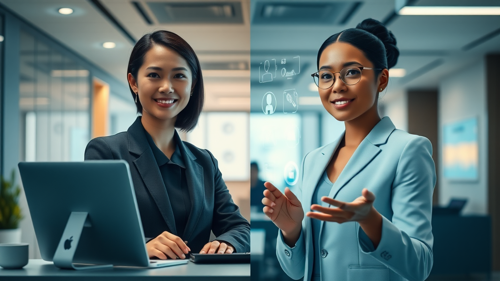 Split scene: human receptionist on one side, AI-powered digital interface on the other, both assisting clients at a modern front desk, ai receptionist vs virtual receptionist