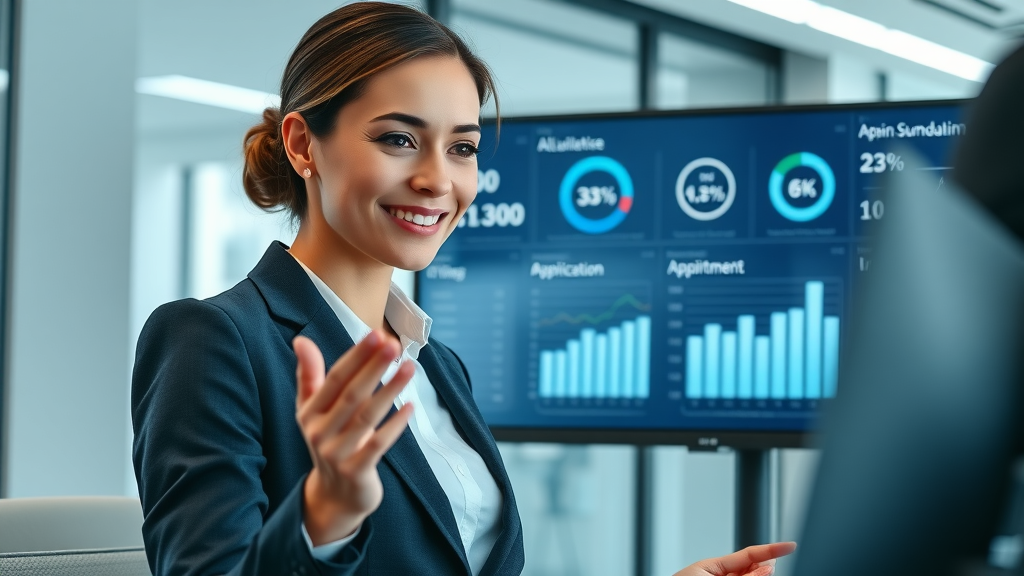 Professional reviewing digital dashboard with real-time call summaries and appointment scheduling, ai receptionist, call handling, small business solutions
