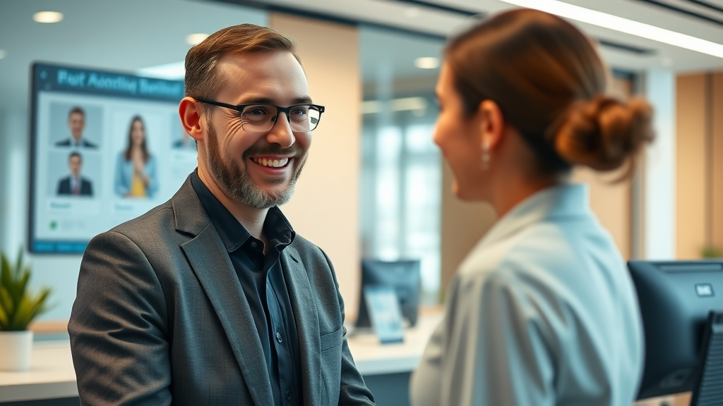 Customer surprise: greeted by AI receptionist interface at modern front desk, first impression, customer service, ai receptionist