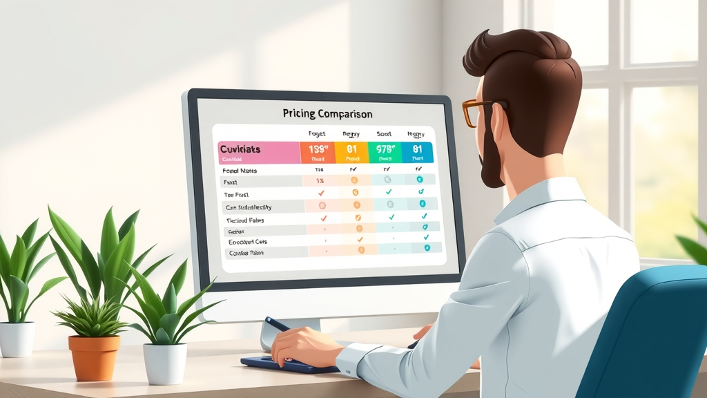 Modern computer screen with colorful pricing comparison, business owner evaluating affordable AI receptionist plans, small business