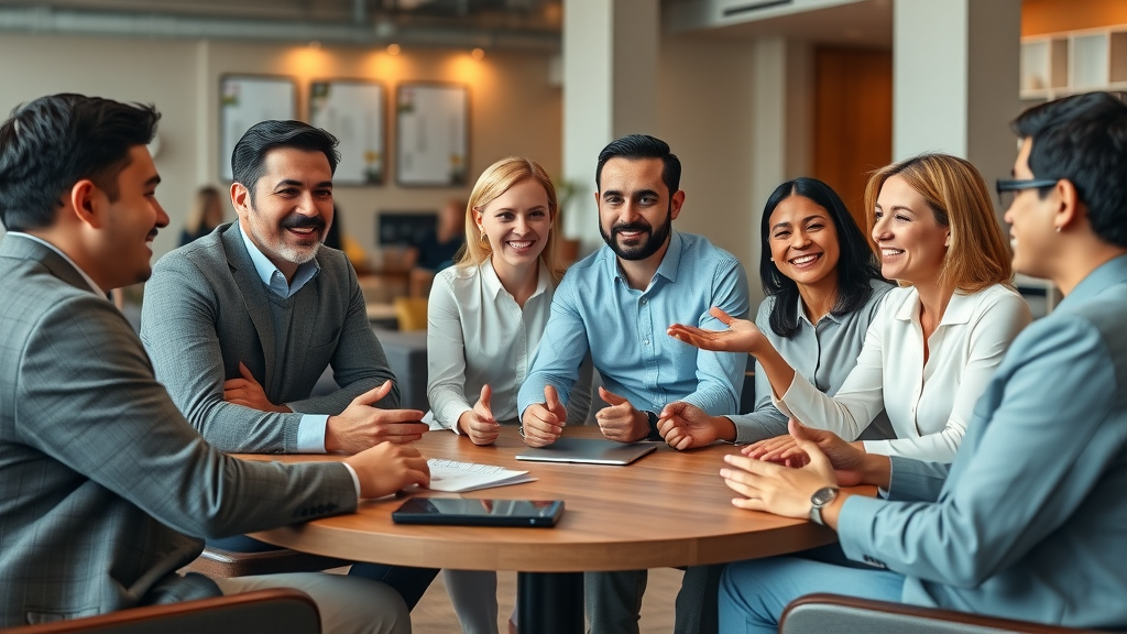 Diverse business owners and staff sharing feedback in a modern lounge, ai receptionist customer reviews, efficiency, small business insights