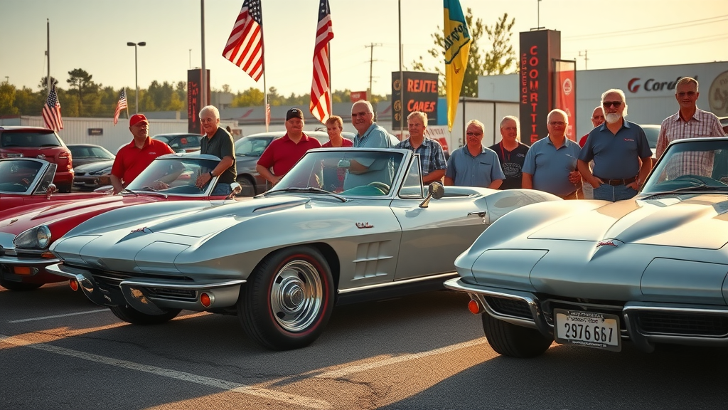 nostalgic group of Corvette owners, proud, standing next to their classic Chevrolet Corvettes, Photorealistic High Fidelity Lifelike, sunlit parking lot with classic American flags and vintage banners in the background, highly detailed, subtle wind fluttering banners, crisp focus, vibrant colors, soft golden hour lighting, shot with a 35mm lens.