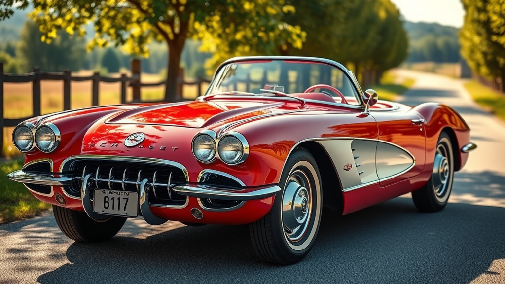 dynamic vintage red Chevrolet Corvette, parked, gleaming under sunlight, Photorealistic High Fidelity Lifelike, picturesque countryside road in the background, highly detailed reflections on the body, subtle movement in trees, ultra sharp focus, cherry red and chrome, dappled sunlight, shot with a 50mm lens.