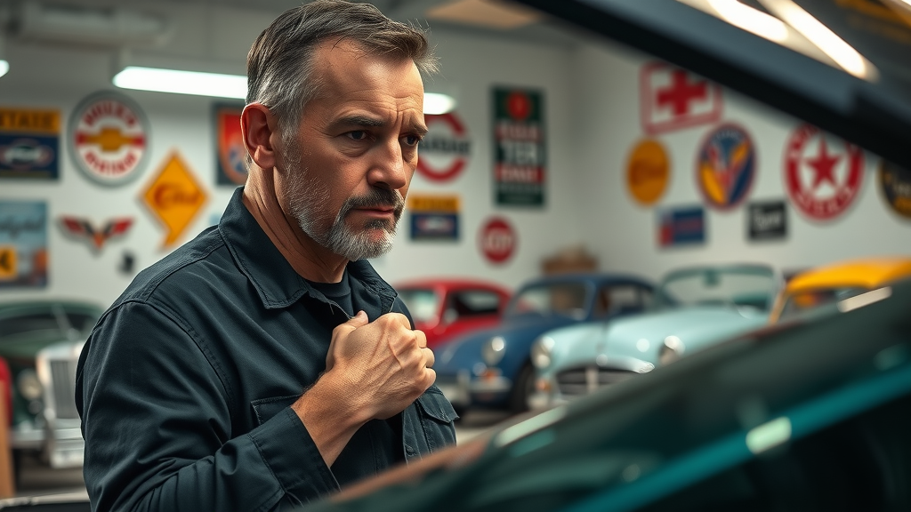 tense middle-aged Corvette owner, thoughtful, looking under the hood of a modern hybrid Chevrolet Corvette, Photorealistic High Fidelity Lifelike, contemporary urban garage with classic car memorabilia in the background, highly detailed, subtle light reflections on car surfaces, composed colors, even indoor lighting, shot with a 28mm lens.