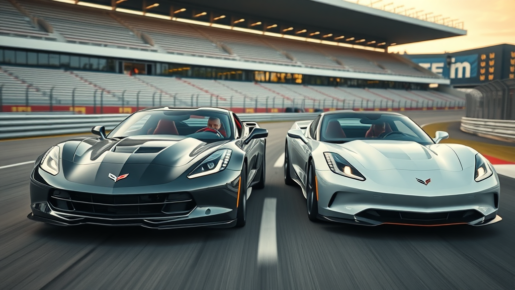 contrasting classic V8 Corvette and modern hybrid Corvette, side by side, dynamic, both accelerating, Cinematic, sleek racetrack background with blurred grandstands, highly detailed, motion blur emphasizing speed, sharp metallic colors, dramatic stadium lighting, shot with a 24mm wide angle lens.