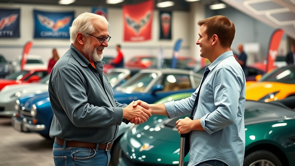 respectful handshake between older traditionalist and younger enthusiast, optimistic, standing beside a hybrid Corvette, Photorealistic High Fidelity Lifelike, car show backdrop with banners, highly detailed, subtle movement in clothing, vibrant multi-color, soft diffused lighting, shot with a 35mm lens.