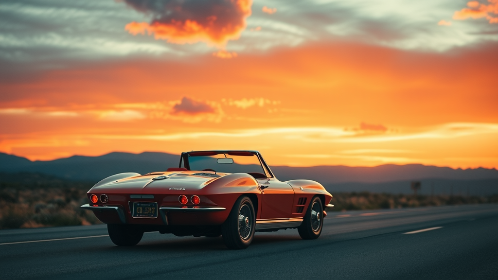 inspiring sunset scene with a classic Chevrolet Corvette, hopeful, driving into the horizon on open American highway, Cinematic, vast scenic landscape with mountains in the background, highly detailed, clouds glowing, warm orange-red tones, soft golden lighting, shot with a 70mm lens.