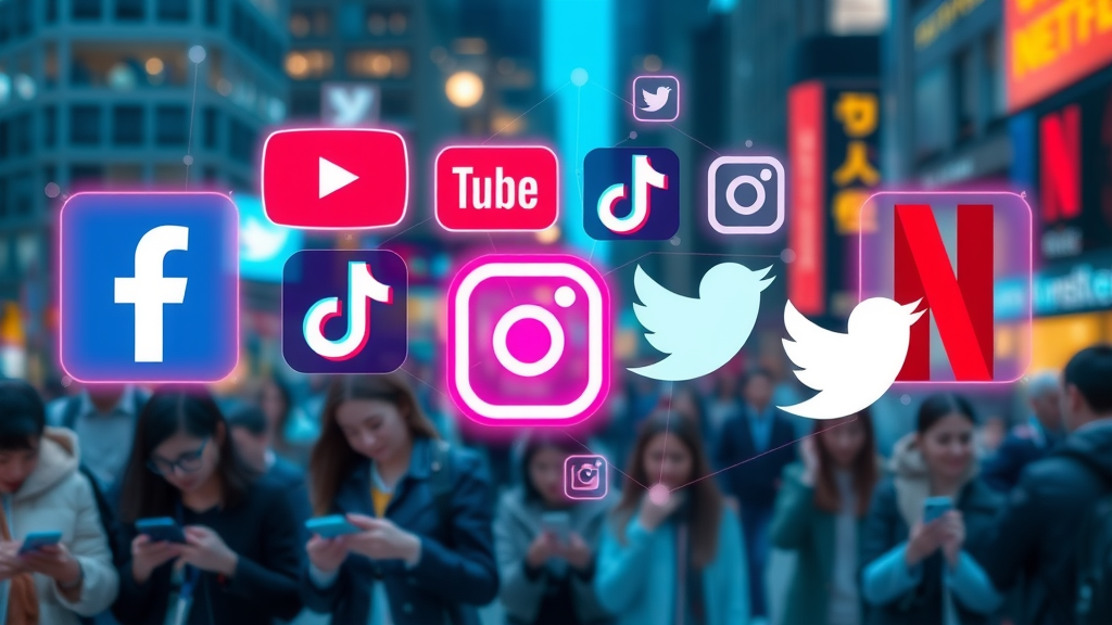 Dynamic collage of social media platform logos interconnected with glowing data streams, representing social media algorithms