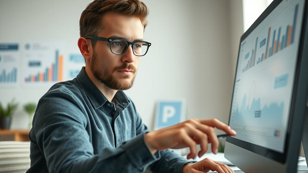 Engaged content creator analyzing social media algorithms and analytics on a computer screen