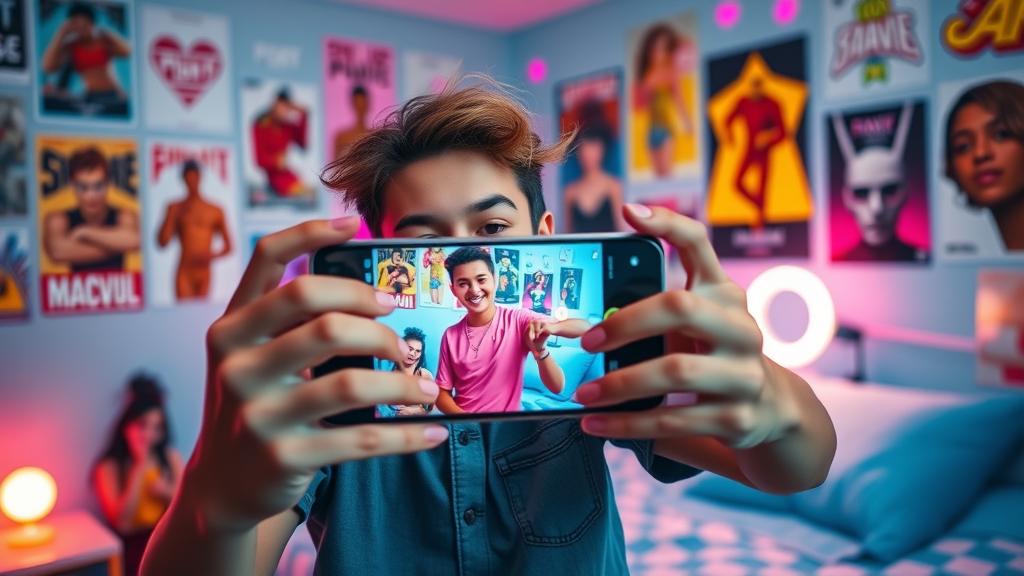 Energetic teenager filming a dance video for TikTok, representing the power of TikTok algorithm and the For You Page
