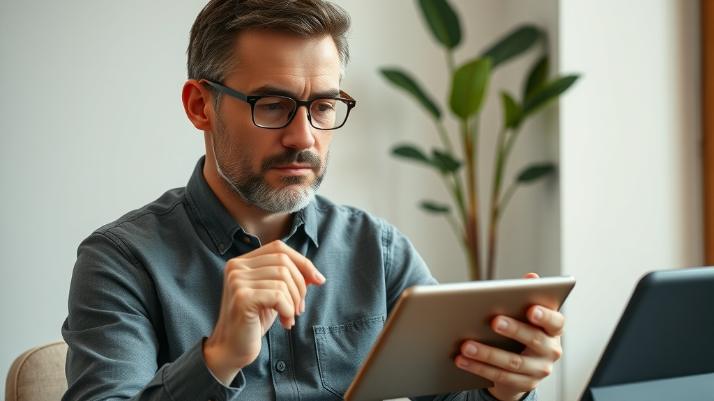 Thoughtful adult choosing content on a tablet, surrounded by floating interaction icons representing algorithmic choices