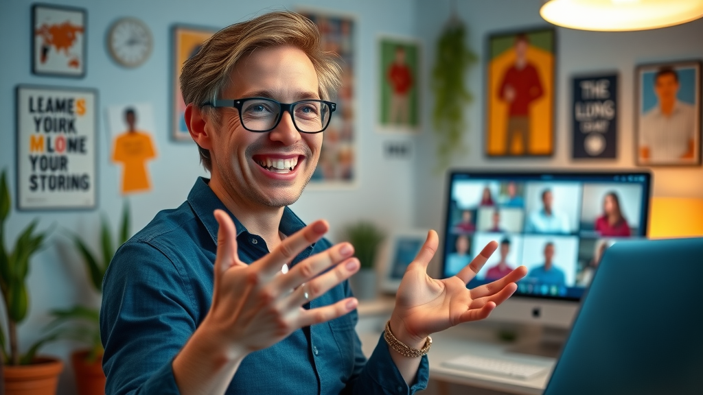 Upbeat social media coach leading a virtual workshop on mastering social media algorithms