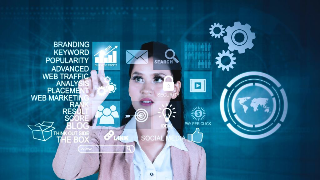 Digital marketing woman analyzing data in high-tech SEO agency office with advance dashboards, ai seo agency