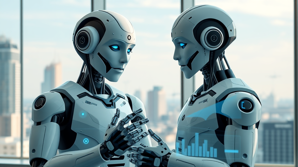 ai seo agency robot and marketer collaborating using data graphs and holograms
