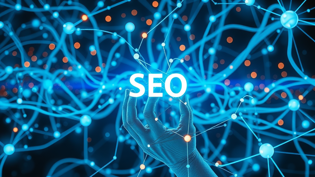 AI SEO agency neural network processing SEO data with search engine icons and data streams, ai seo, large language models