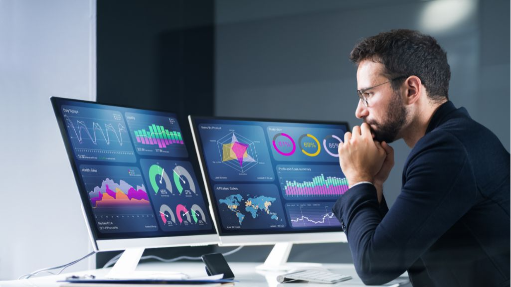 inspirational entrepreneur reviewing upward trends on digital dashboard, AI SEO agency, industry leader