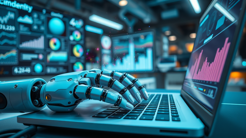 AI marketing agency robotic hand typing on laptop for content creation, modern workspace with digital interfaces and glowing charts