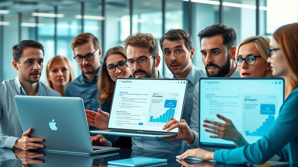 modern diverse group of adults, looking surprised, gazing at laptop screens displaying AI-generated Google search results in a creative tech office - ai overviews google