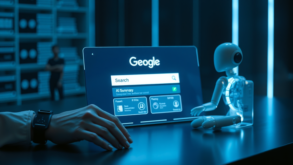 sleek AI interface showing Google search with glowing AI summary overlay - ai overviews google