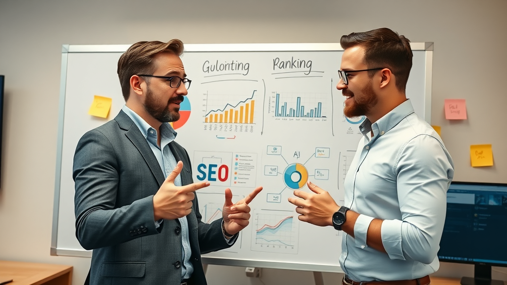 professional marketers analyzing SEO strategy with AI diagrams at a whiteboard - ai overviews google