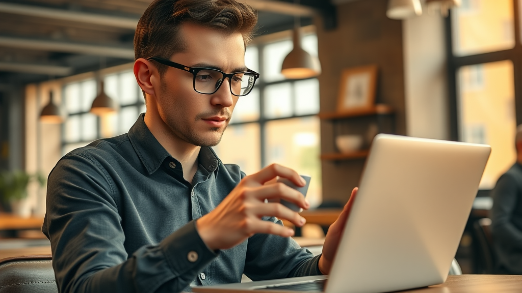 young professional reading AI-generated Google summary on laptop in a modern coffee shop - ai overviews google