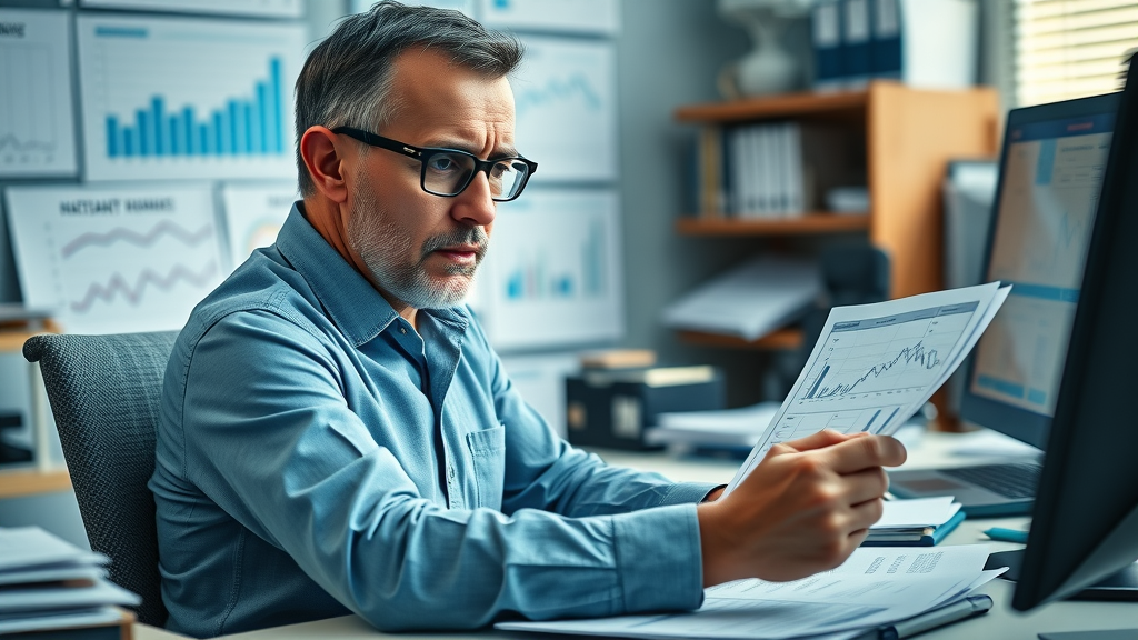 troubled business owner reviewing closing statistics, business support infographic, office environment with financial charts