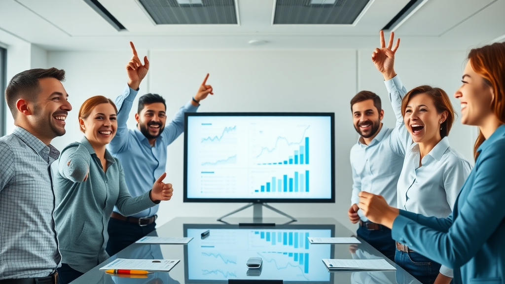 business team celebrating growth with positive results, business support service success