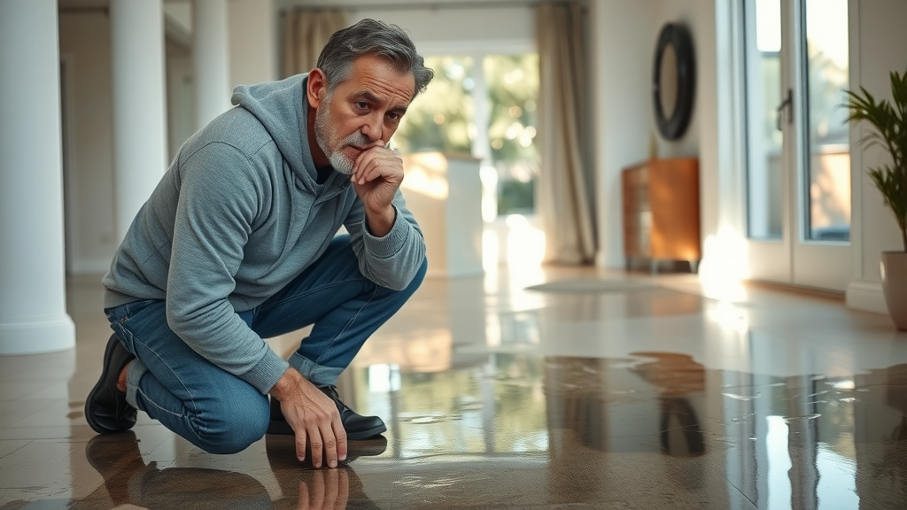 Concerned San Diego homeowner examining water damage with smart water leak detectors