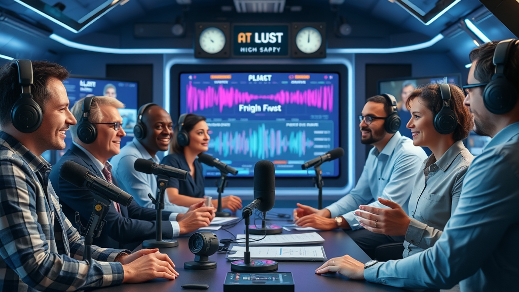 Futuristic podcast studio with diverse professionals discussing, high-tech equipment, digital screens, glowing AI graphics, and animated soundwaves in blue and purple tones. AI powered podcasts studio.