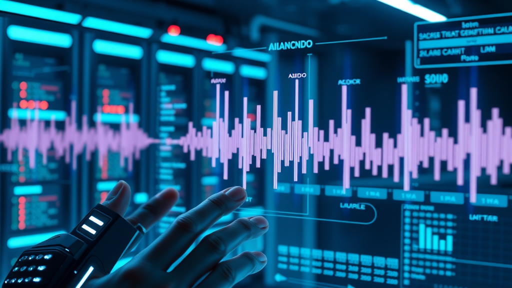 Sleek AI interface analyzing audio data, digital assistant reviewing soundwaves, servers in futuristic environment with dynamic neon blue UI for AI powered podcasts.