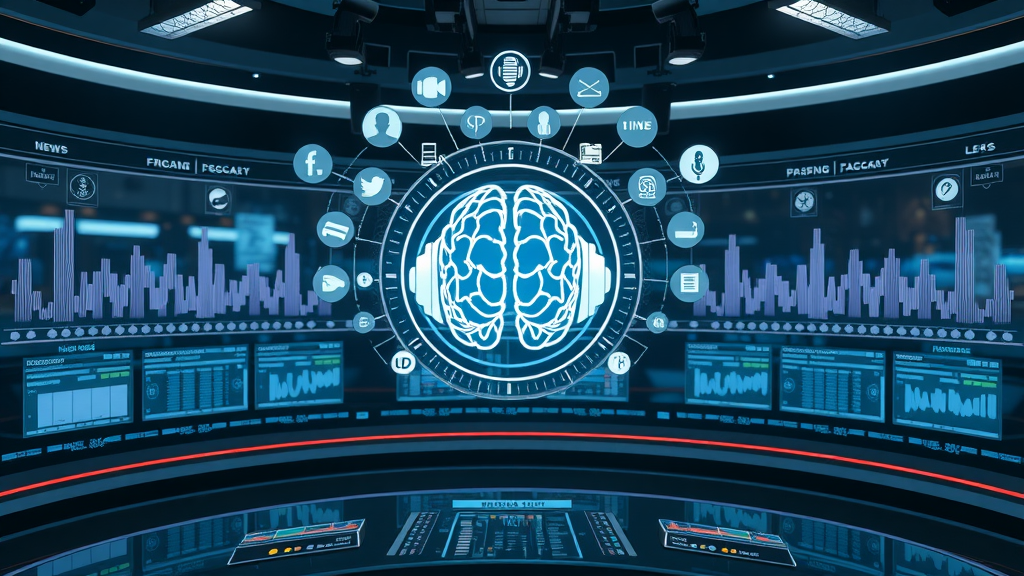 AI news radio wave visualization, podcast icons radiating from central AI brain, modern newsroom dashboard for real-time podcast news updates.