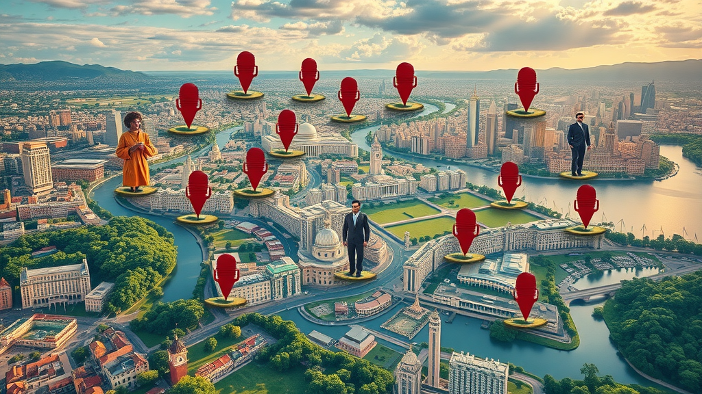 Podcast map with local hosts, smart devices, vibrant cities, and rural areas; colorful AI powered podcast waveforms segmented by community.