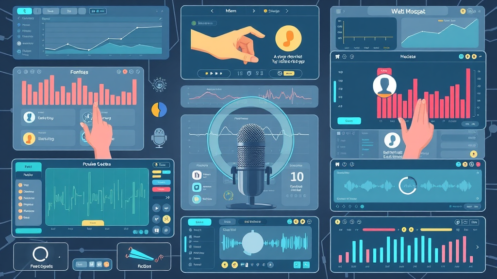 Collection of popular AI podcast software user interfaces, stylized icons, open dashboards, bright modern backgrounds.