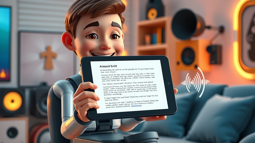 AI-generated podcast script on digital tablet, digital host smiling, immersive home studio, vivid sound waves and lifelike details.