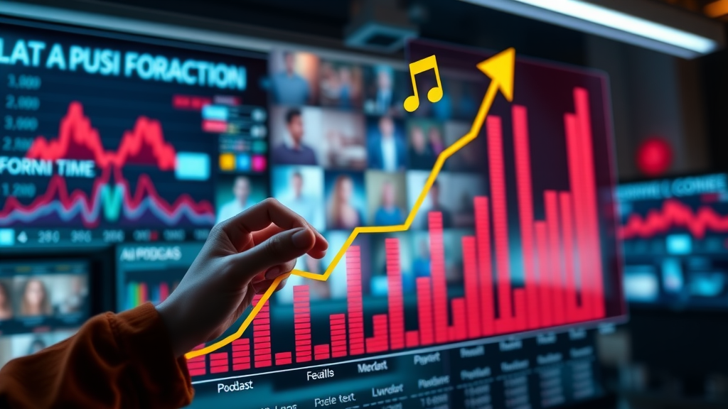 AI podcast trend chart, upward arrow, musical notes, AI chip, dynamic newsroom chart illustrating podcast growth trends.