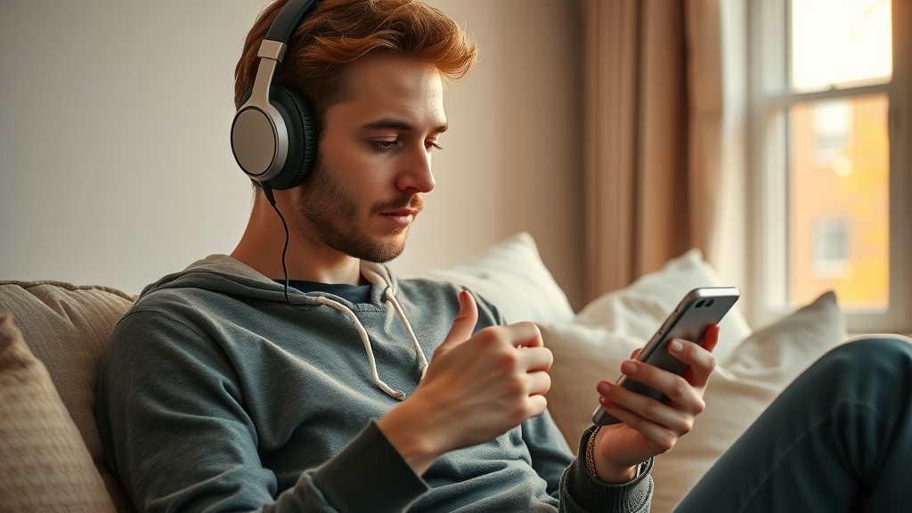 Person listening to AI powered podcast on smartphone, thoughtful, cozy home, soft furnishings, glowing sunlight. Immersive podcast app experience.