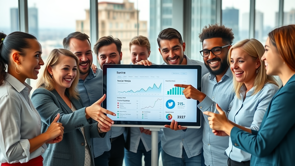 Dynamic team of digital marketing professionals collaborating around a screen displaying vivid social media analytics in a modern office; social media marketing agency services in action with natural gestures and focus.