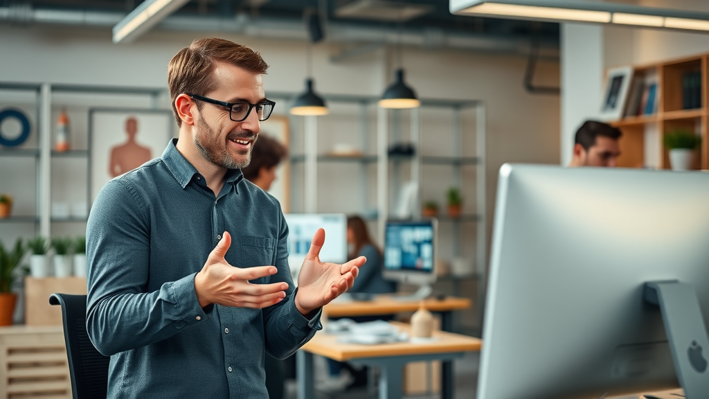 Creative agency workspace; marketing specialist planning strategy with content creator designing visuals; media agency and content creation in focus.