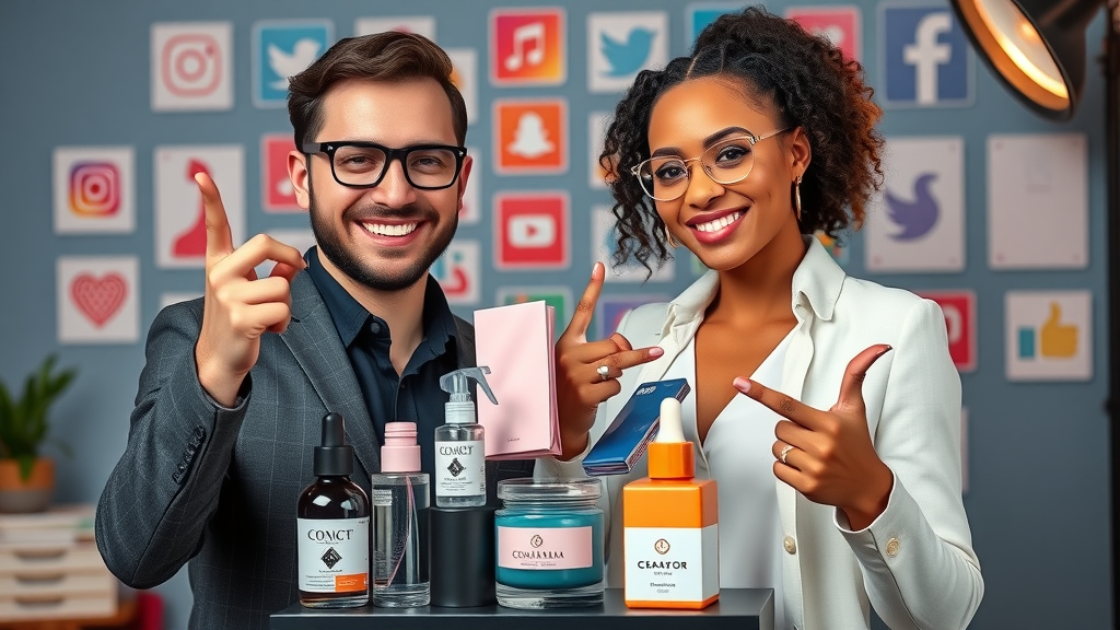 Successful influencer and agency digital marketing collaboration; influencer with strategist and branded products in trendy studio; influencer marketing and media content development representation.