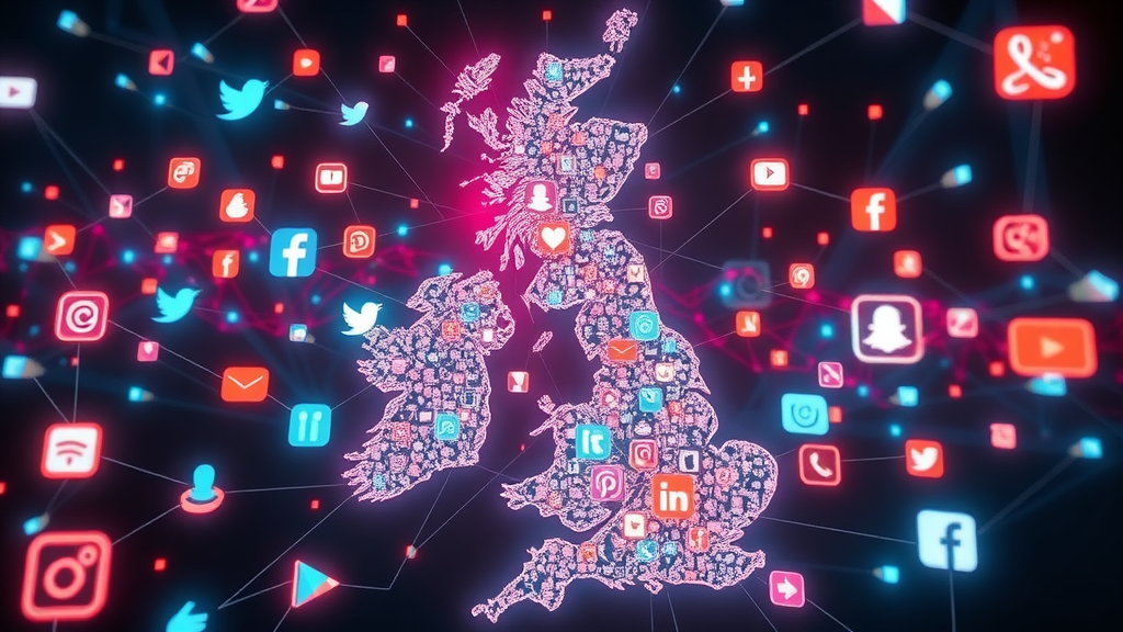 Futuristic network of interconnected glowing social media icons swirling from a UK map; maximising social platform visibility with agency expertise.