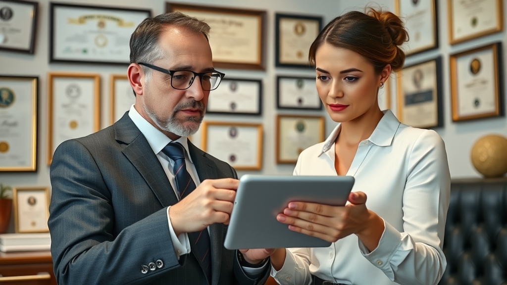 Professional business owner consulting with social media expert, reviewing digital portfolios and case studies in an elegant office setting; evaluating marketing agency experience.