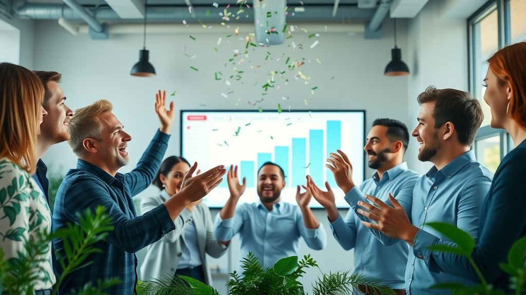 Business team celebrating social media results—excited, success-focused, with upward-trending charts in a bright modern UK workspace; social media marketing agency services driving business growth.