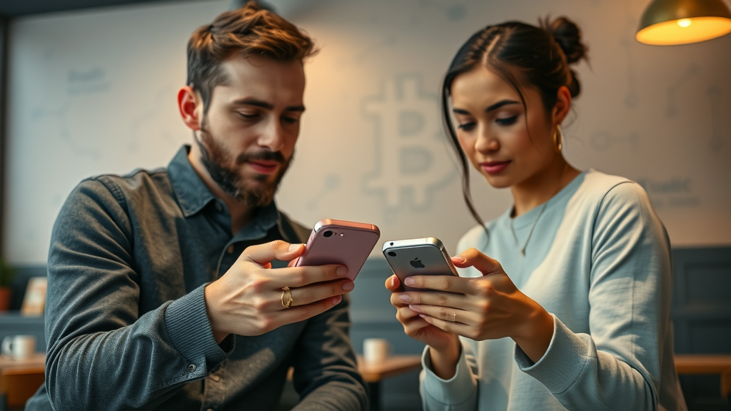 secure crypto transaction with two people exchanging digital currencies using smartphones - crypto exchange safety