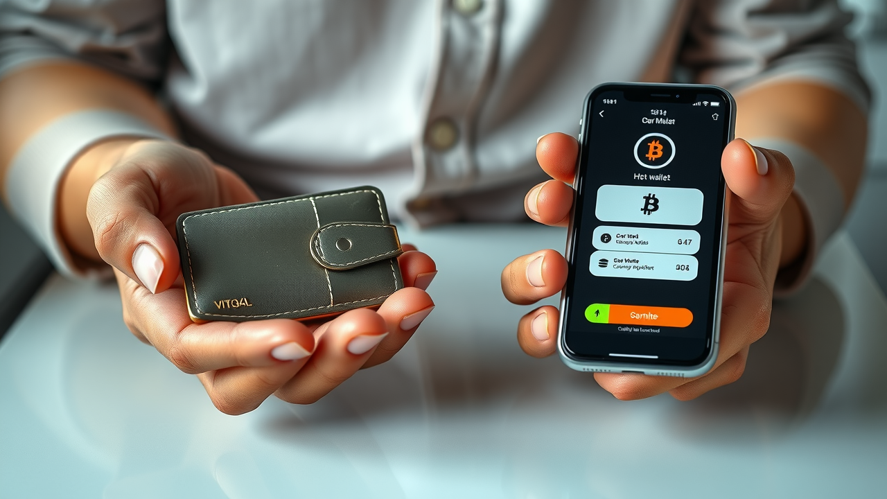 hands displaying cold wallet hardware next to smartphone showing hot wallet app - crypto wallet safety