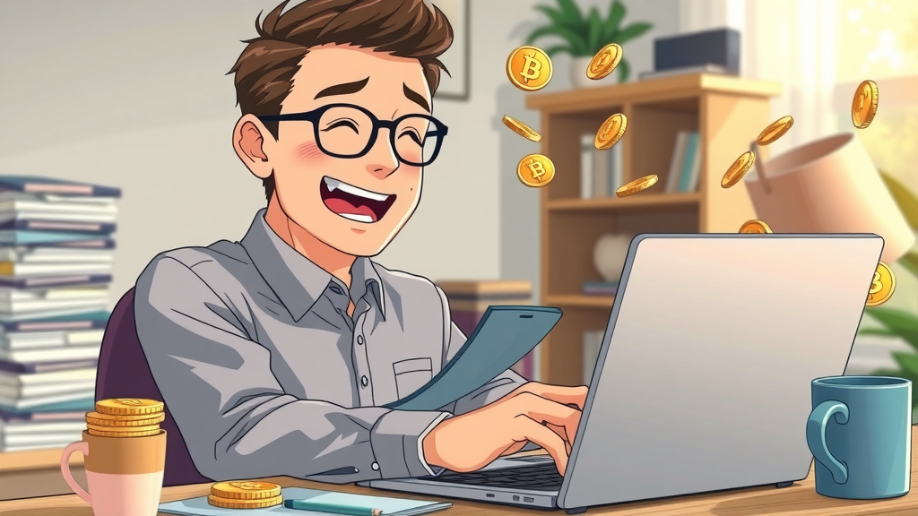 person withdrawing crypto funds with a laptop and relieved expression - sell crypto safety