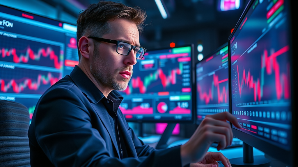strategist setting stop-loss and limit orders on multiple crypto charts in high-tech trading room - risk management in crypto