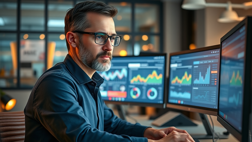 accomplished professional marketer reviewing digital marketing analytics - keir anderson digital marketing expert monitors results in a modern workspace